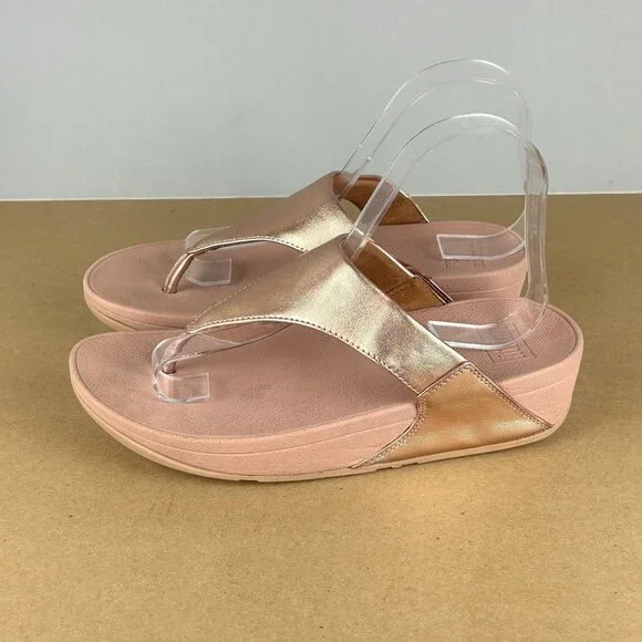 Fitflop Lulu Toe Post Thong Sandals Womens 7.5 Metallic Rose Gold Leather Casual - Picture 1 of 9